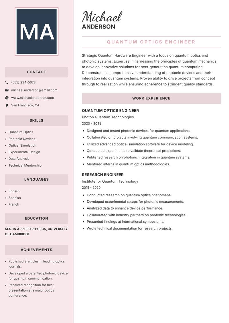 Quantum Hardware Engineer resume sample — Quantum Optics Engineer focus