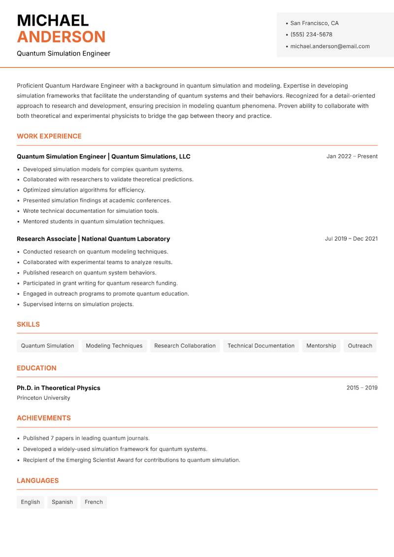 Quantum Hardware Engineer resume sample — Quantum Simulation Engineer focus