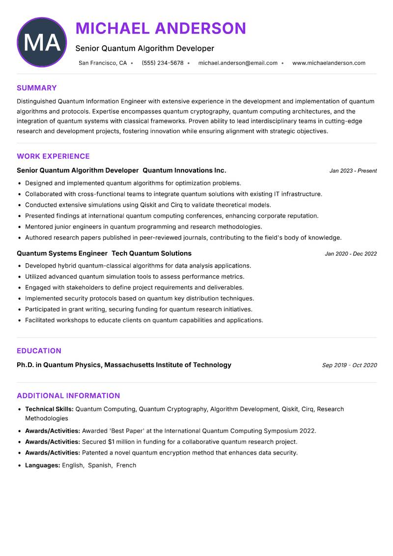 Quantum Information Engineer resume example
