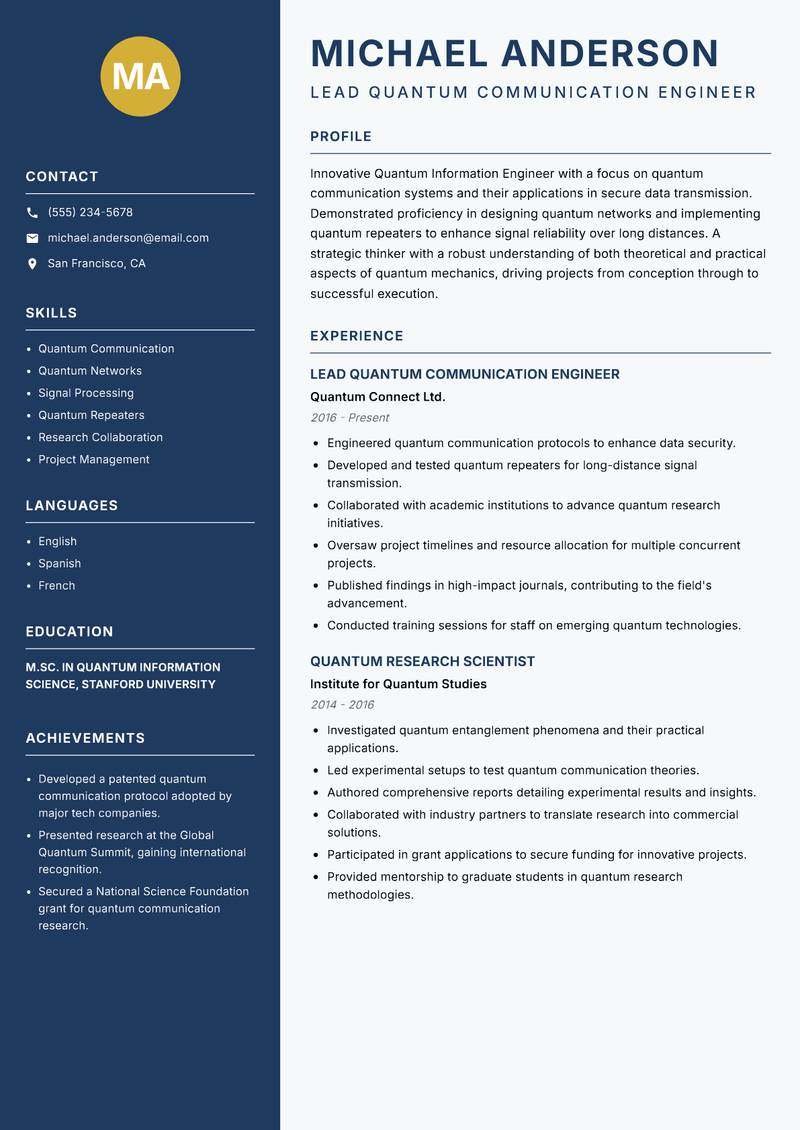 Quantum Information Engineer resume sample — Lead Quantum Communication Engineer focus
