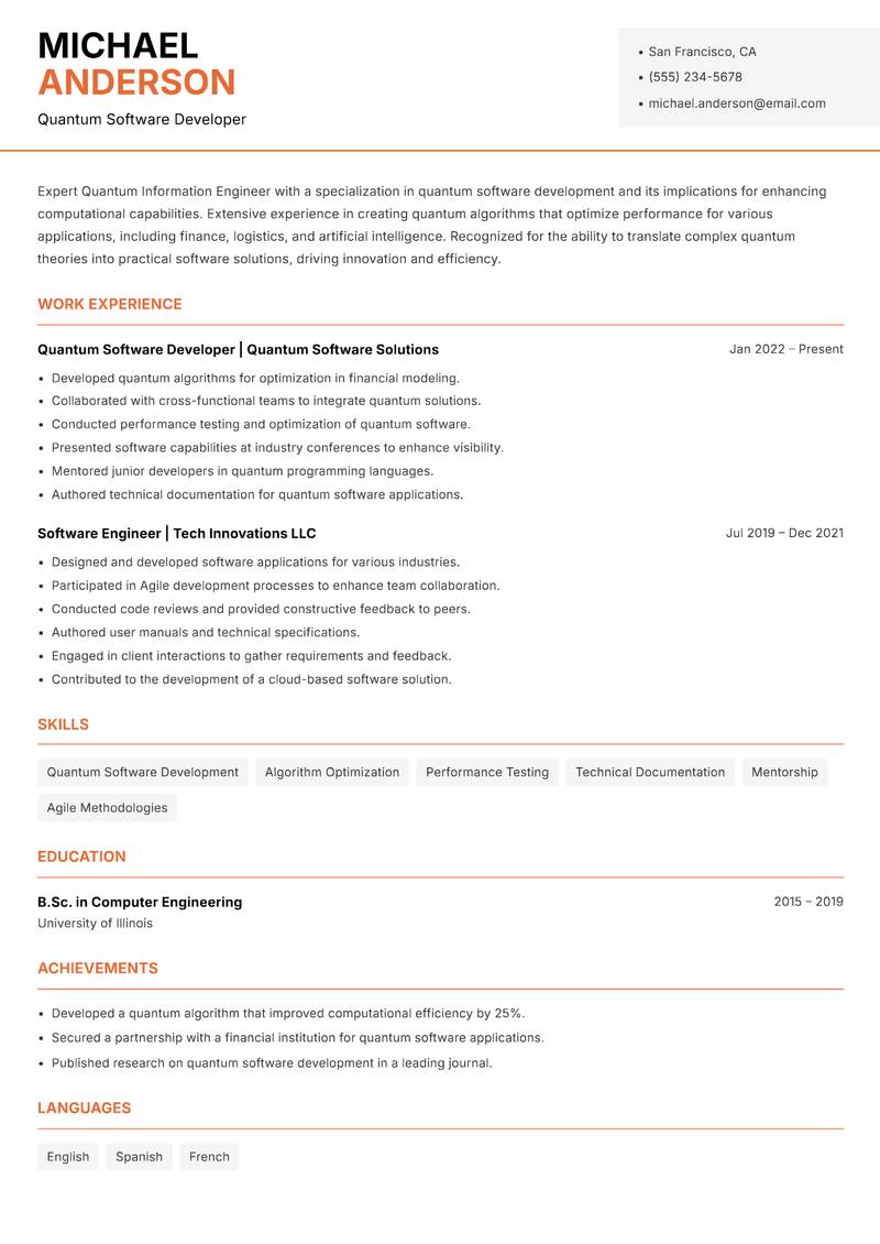 Quantum Information Engineer resume sample — Quantum Software Developer focus