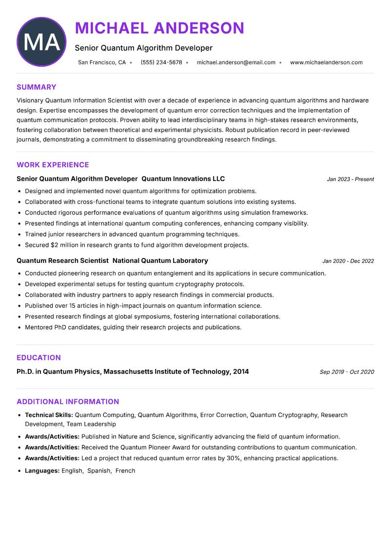 Quantum Information Scientist resume example