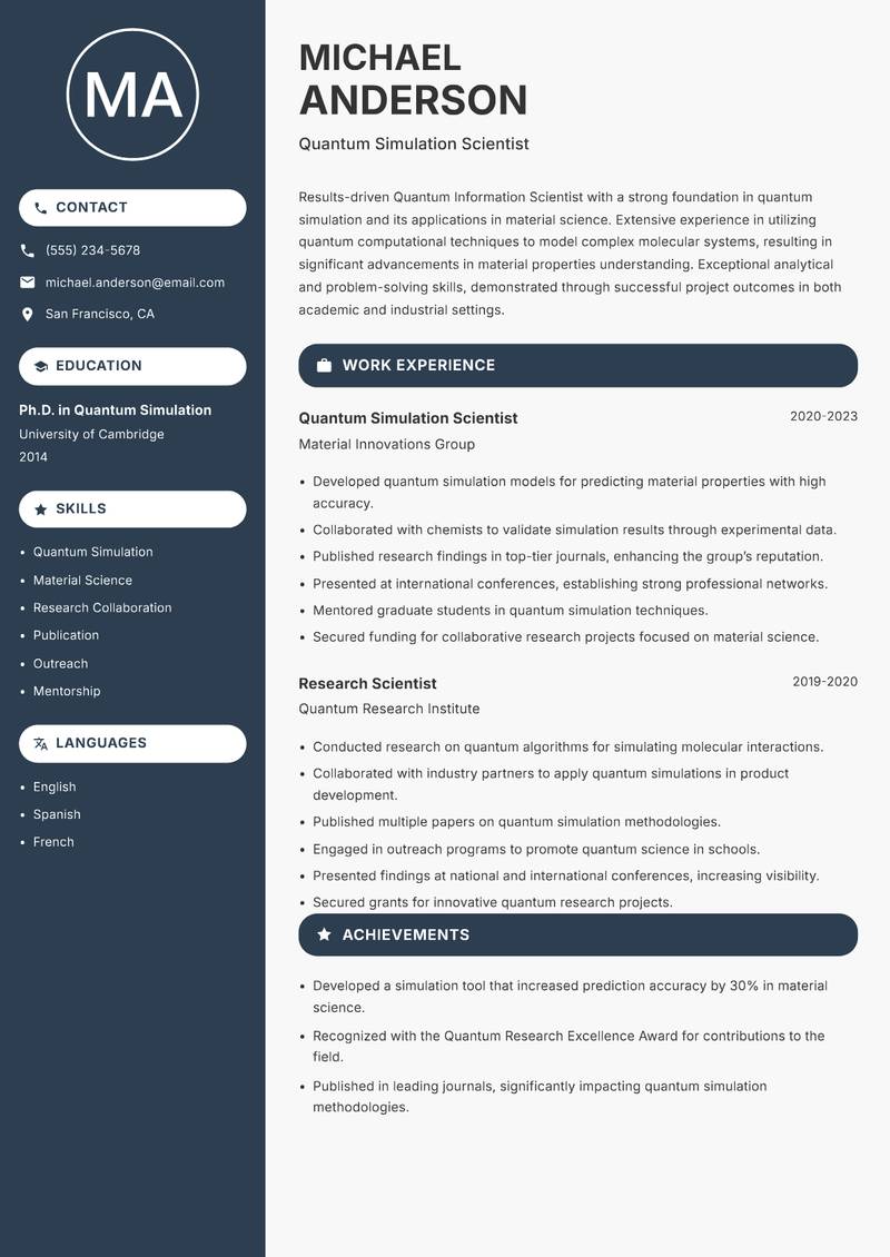 Quantum Information Scientist resume sample — Quantum Simulation Scientist focus