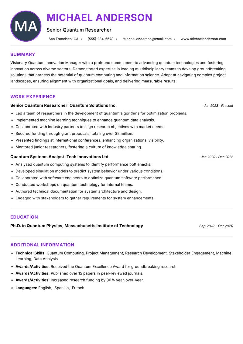Quantum Innovation Manager resume example