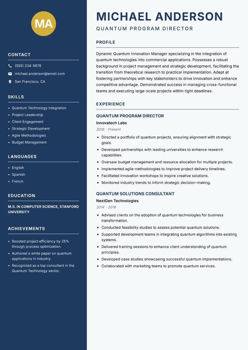 Quantum Innovation Manager resume sample — Quantum Program Director focus