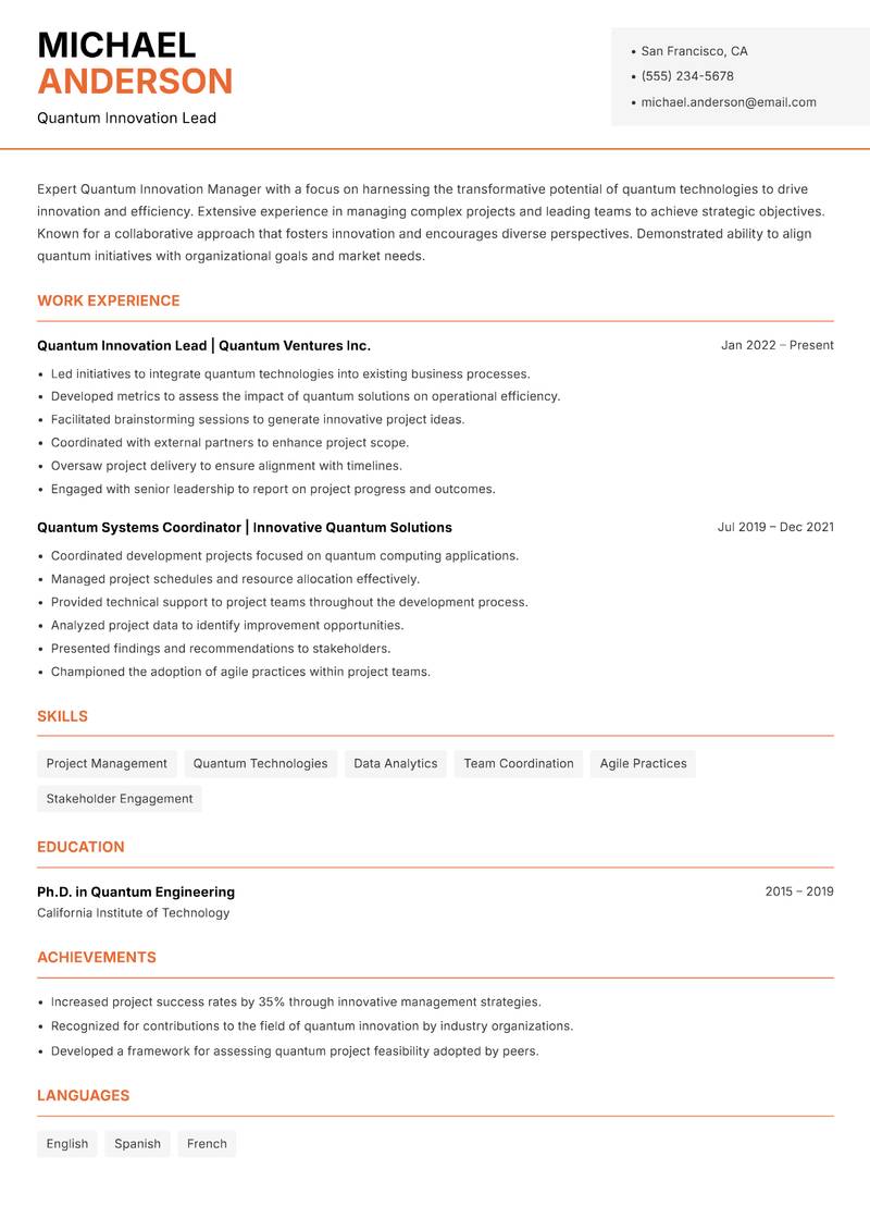 Quantum Innovation Manager resume sample — Quantum Innovation Lead focus