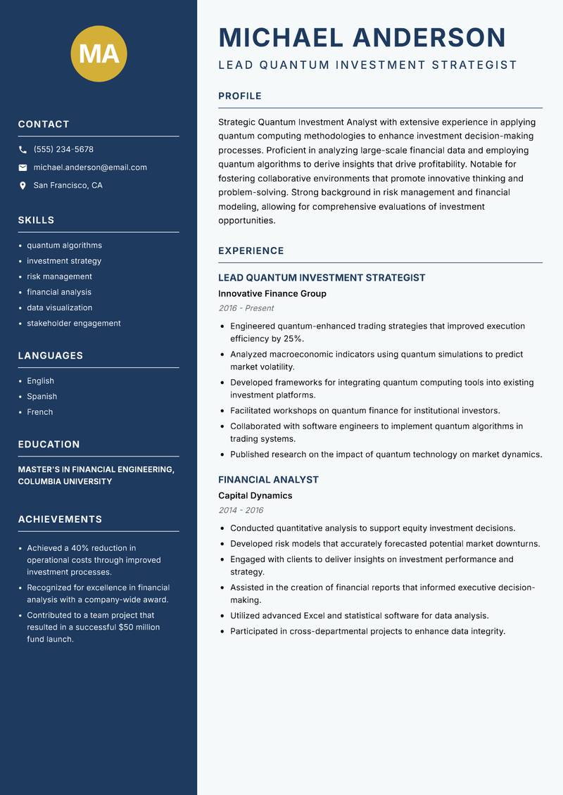Quantum Investment Analyst resume sample — Lead Quantum Investment Strategist focus