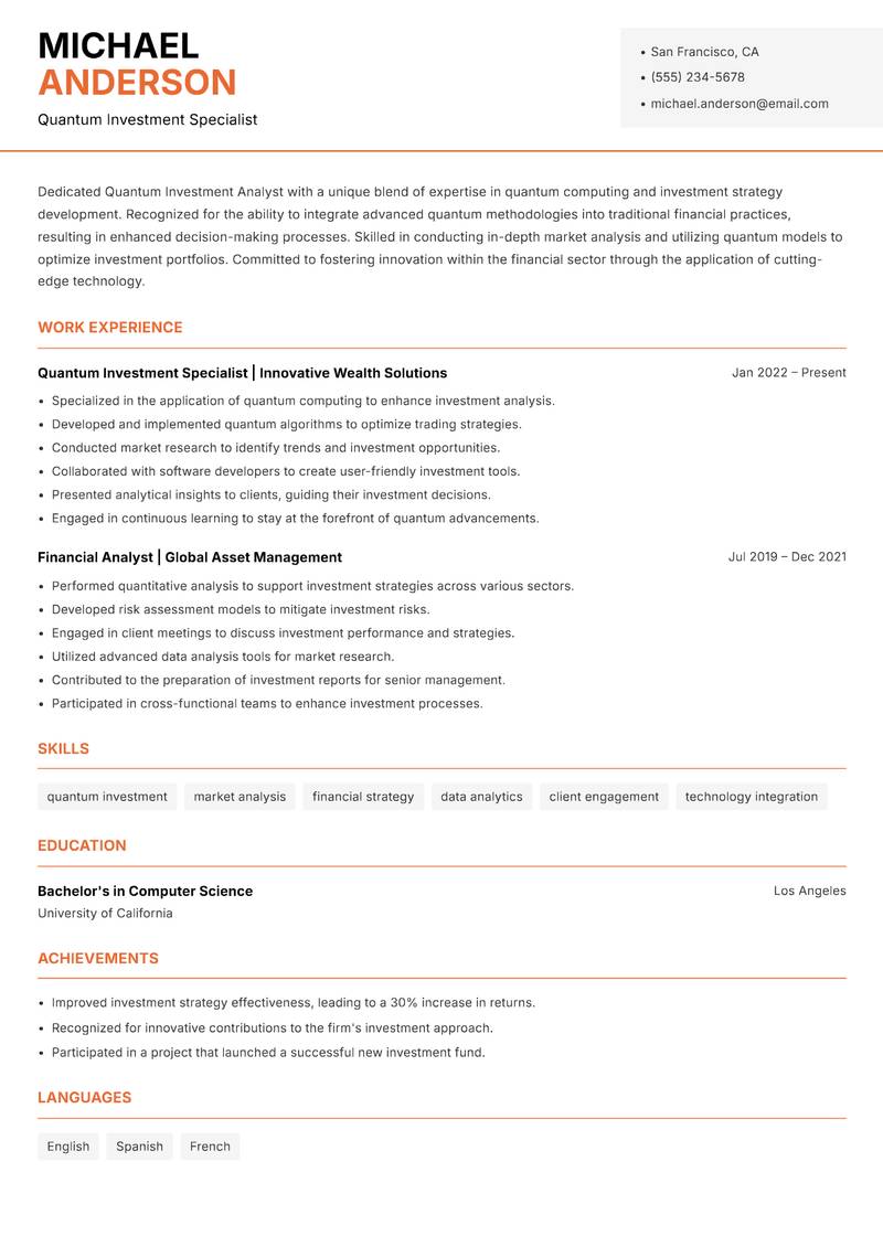 Quantum Investment Analyst resume sample — Quantum Investment Specialist focus
