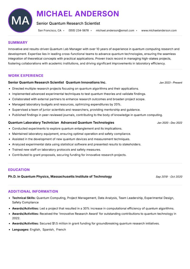 Quantum Lab Manager resume example