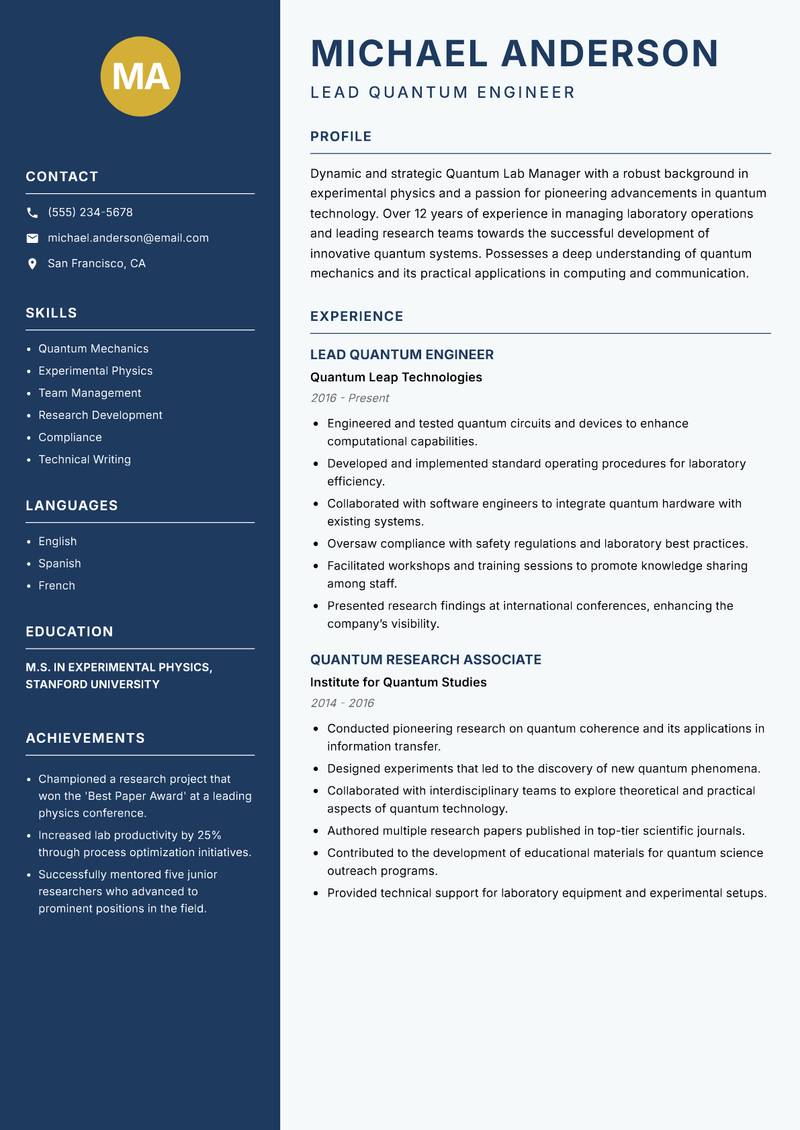 Quantum Lab Manager resume sample — Lead Quantum Engineer focus