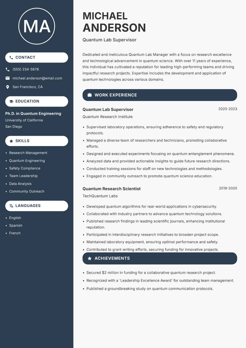 Quantum Lab Manager resume sample — Quantum Lab Supervisor focus