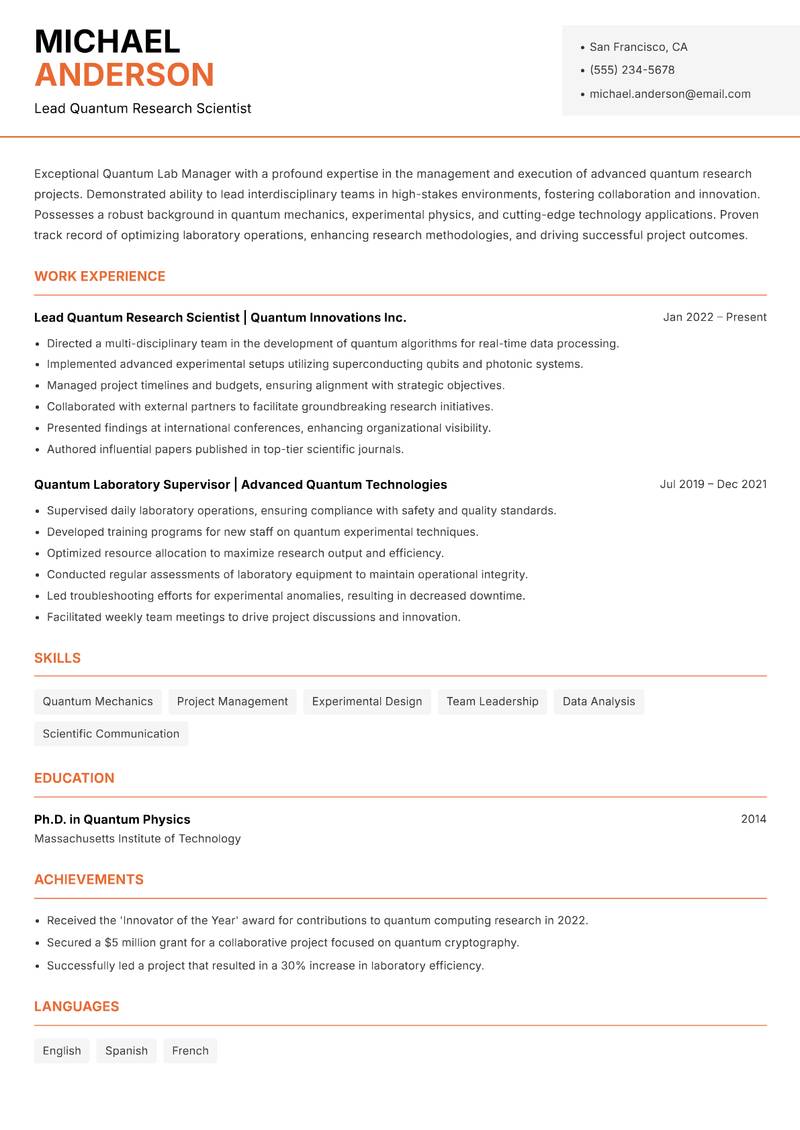 Quantum Lab Manager resume sample — Lead Quantum Research Scientist focus