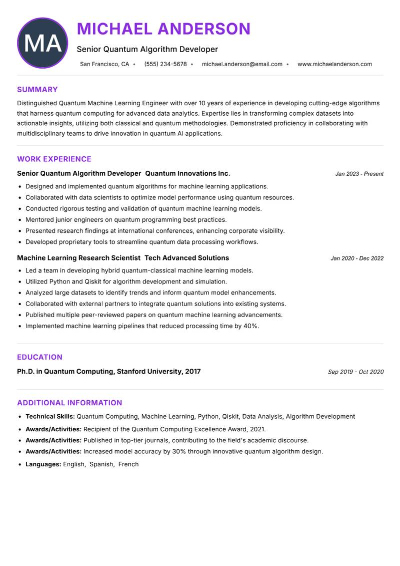 Quantum Machine Learning Engineer resume example