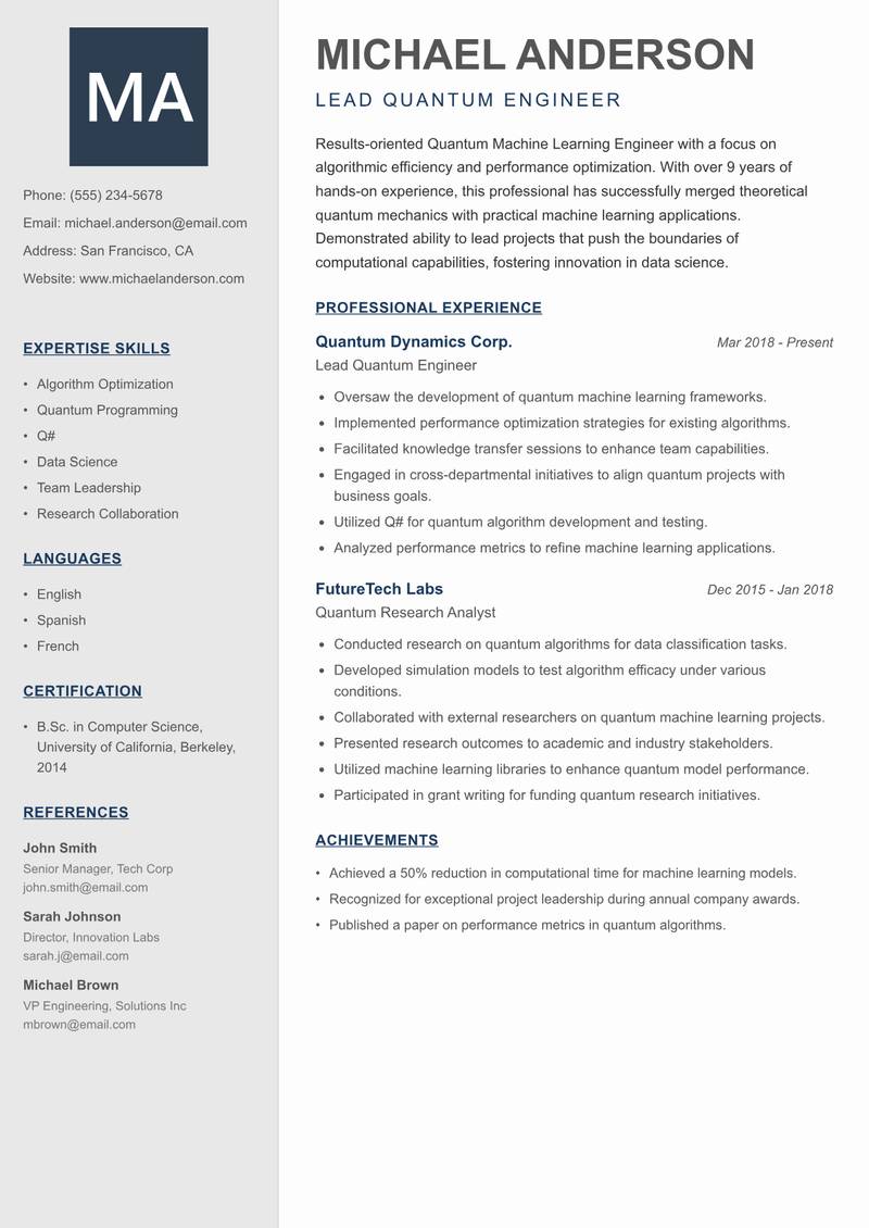 Quantum Machine Learning Engineer resume sample — Lead Quantum Engineer focus