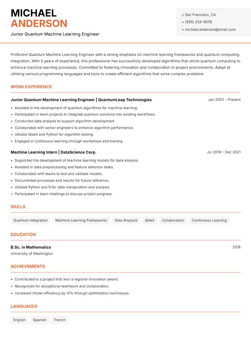Quantum Machine Learning Engineer resume sample — Junior Quantum Machine Learning Engineer focus