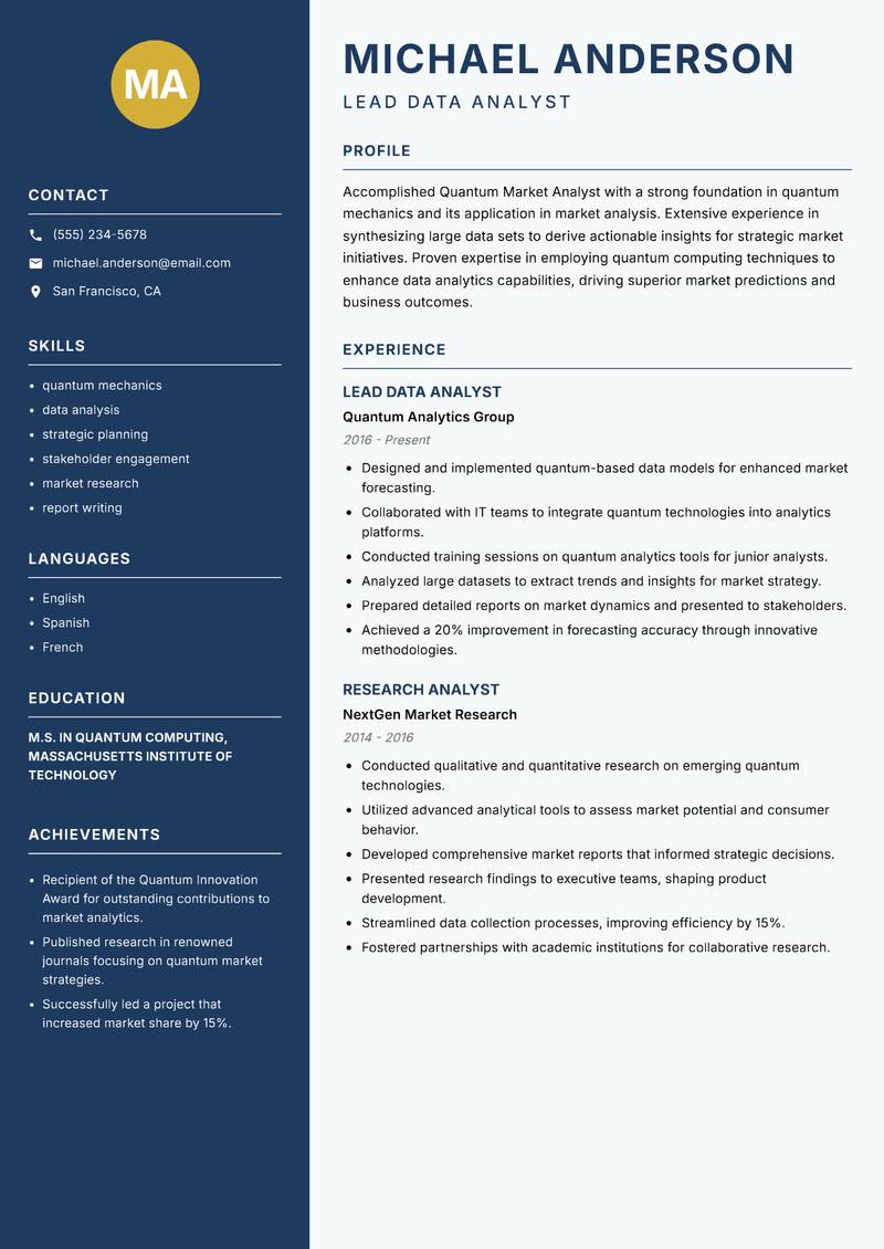 Quantum Market Analyst resume sample — Lead Data Analyst focus