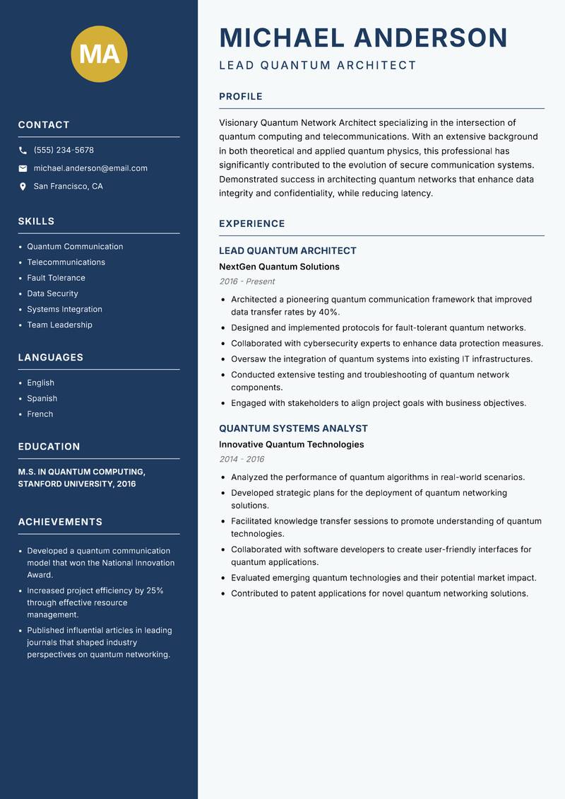 Quantum Network Architect resume sample — Lead Quantum Architect focus