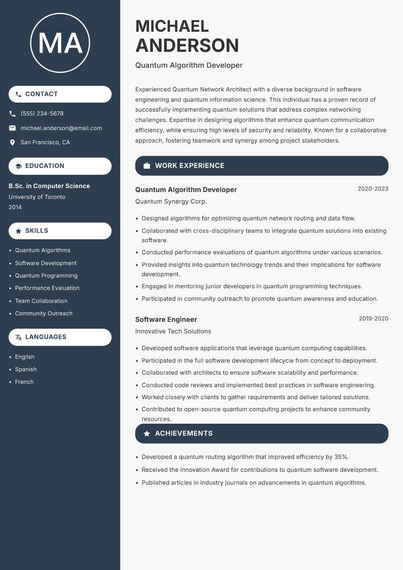 Quantum Network Architect resume sample — Quantum Algorithm Developer focus
