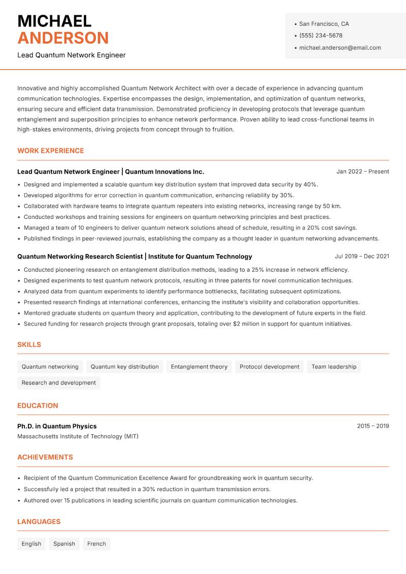 Quantum Network Architect resume sample — Lead Quantum Network Engineer focus