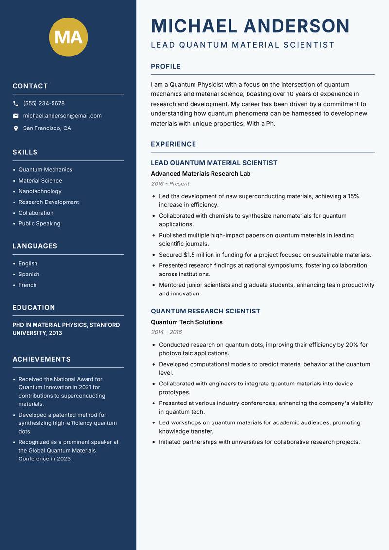 Quantum Physicist resume sample — Lead Quantum Material Scientist focus