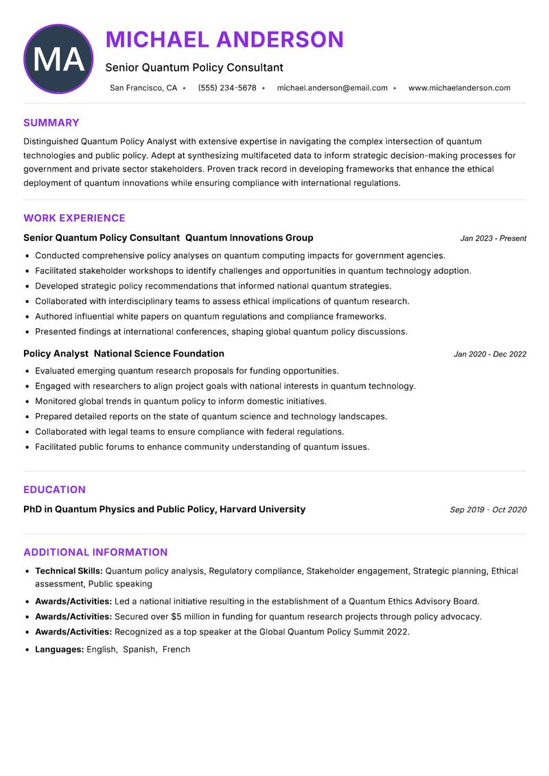 Quantum Policy Analyst resume example