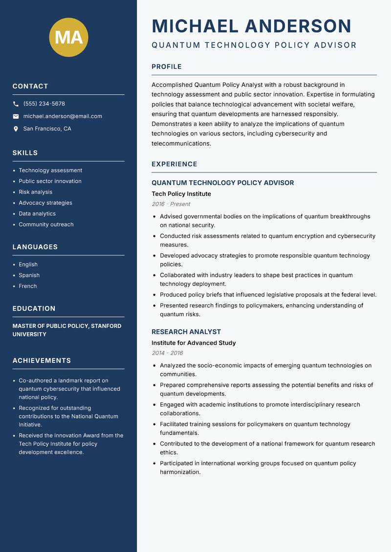 Quantum Policy Analyst resume sample — Quantum Technology Policy Advisor focus