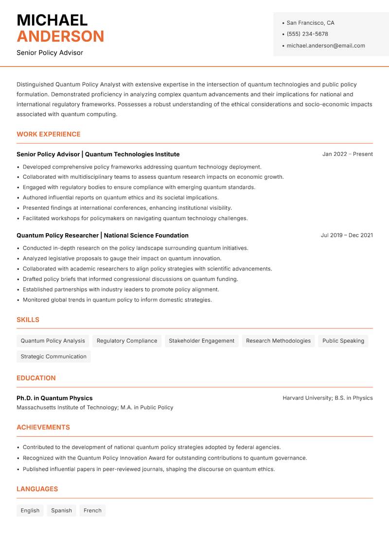 Quantum Policy Analyst resume sample — Senior Policy Advisor focus