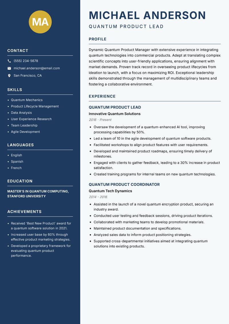 Quantum Product Manager resume sample — Quantum Product Lead focus