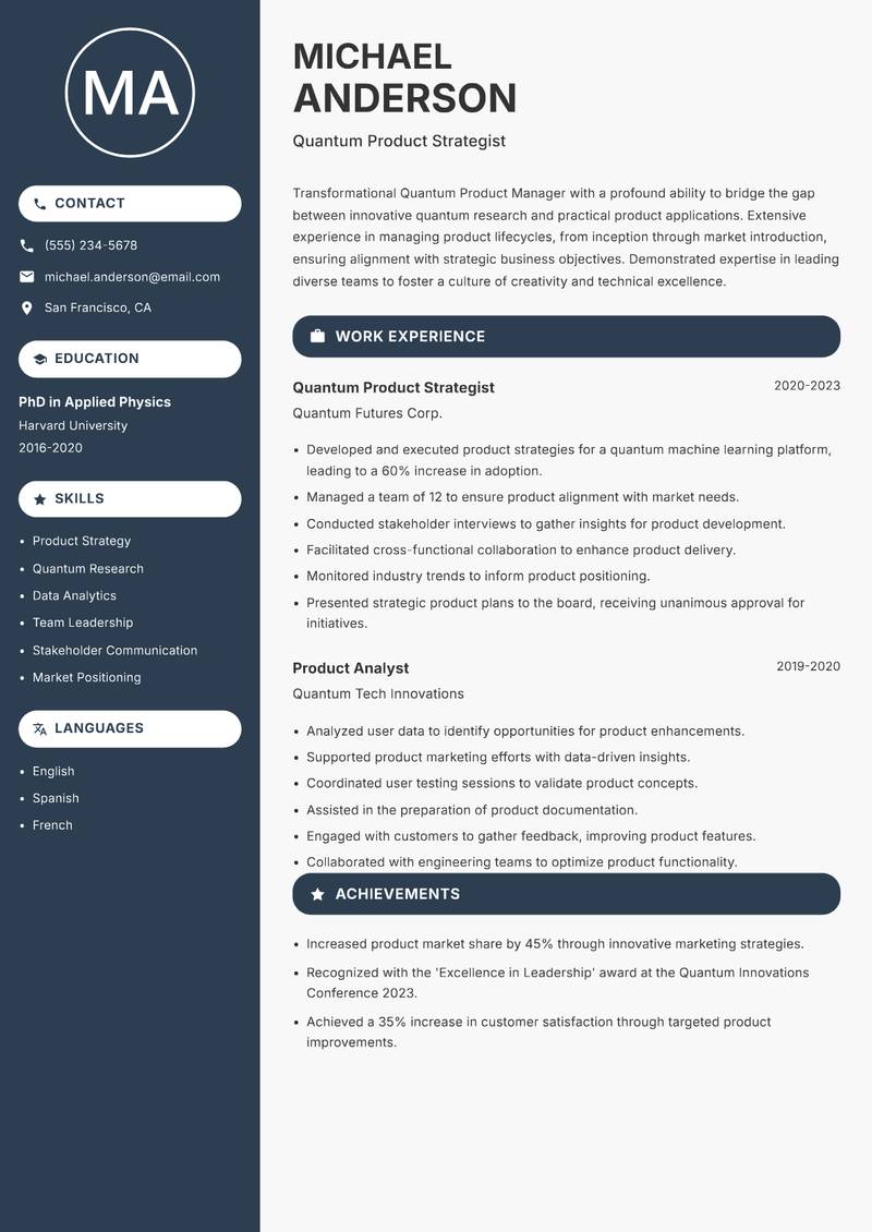Quantum Product Manager resume sample — Quantum Product Strategist focus