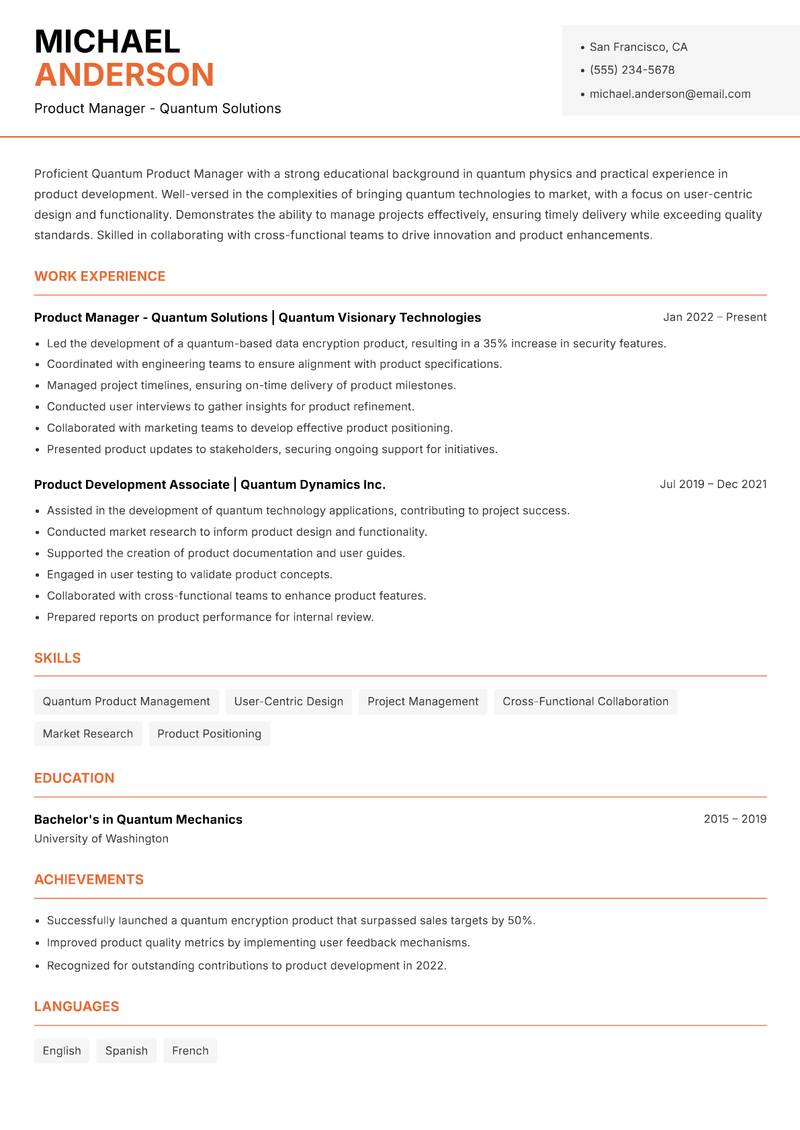 Quantum Product Manager resume sample — Product Manager - Quantum Solutions focus