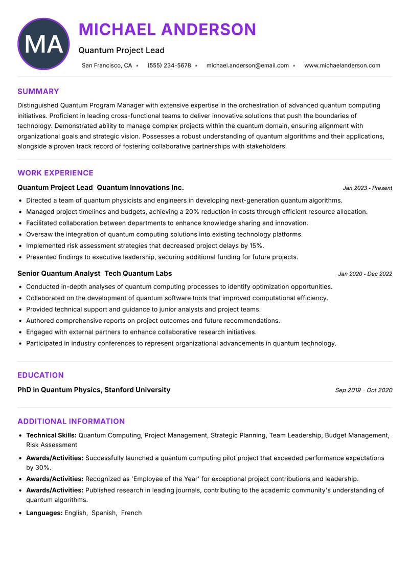 Quantum Program Manager resume example