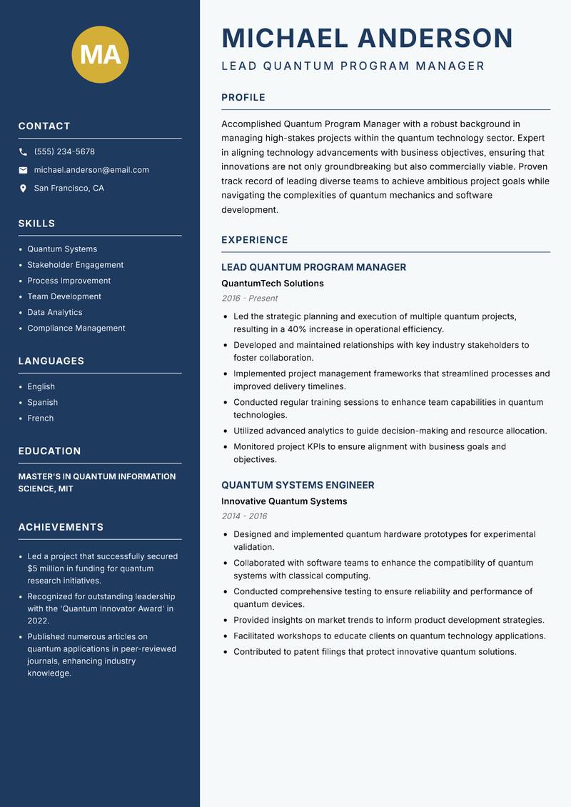 Quantum Program Manager resume sample — Lead Quantum Program Manager focus