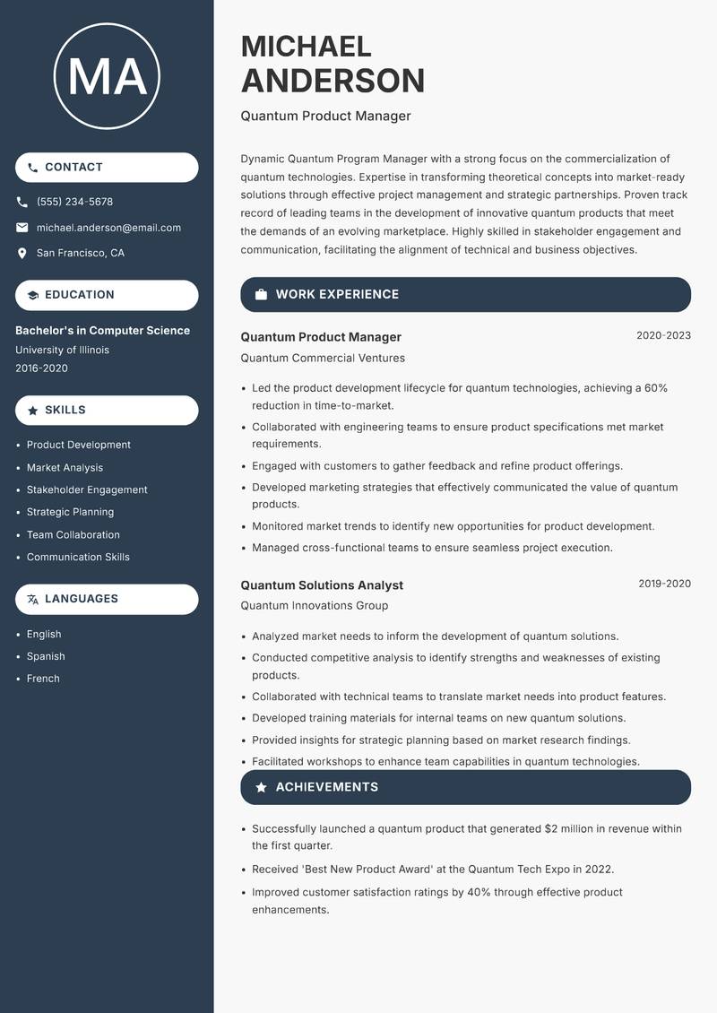 Quantum Program Manager resume sample — Quantum Product Manager focus