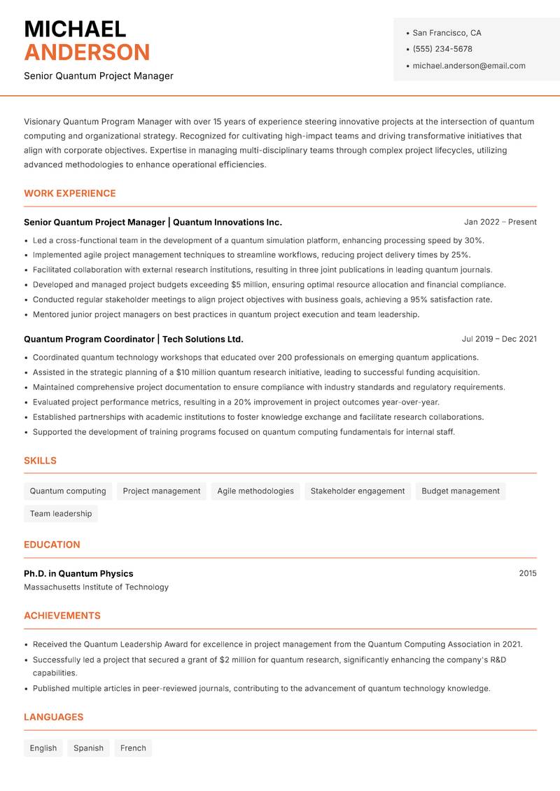 Quantum Program Manager resume sample — Senior Quantum Project Manager focus