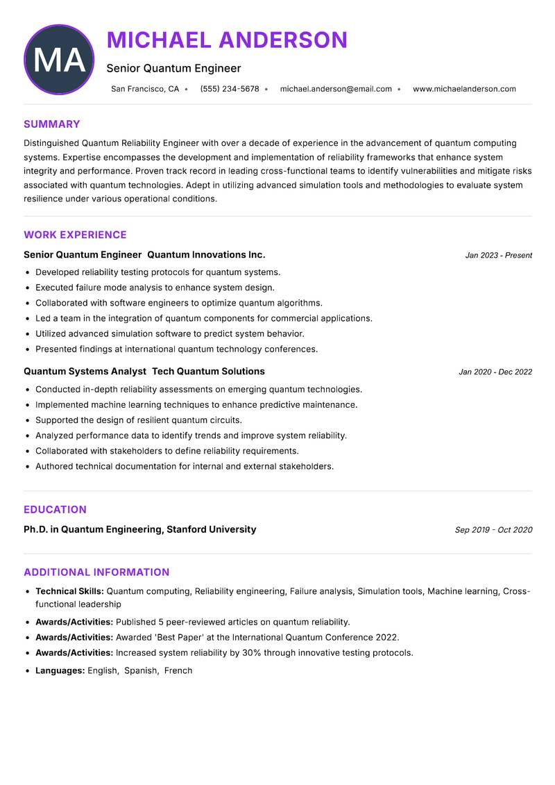 Quantum Reliability Engineer resume example