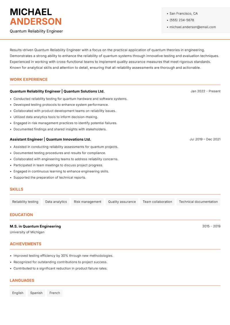 Quantum Reliability Engineer resume sample — Quantum Reliability Engineer focus