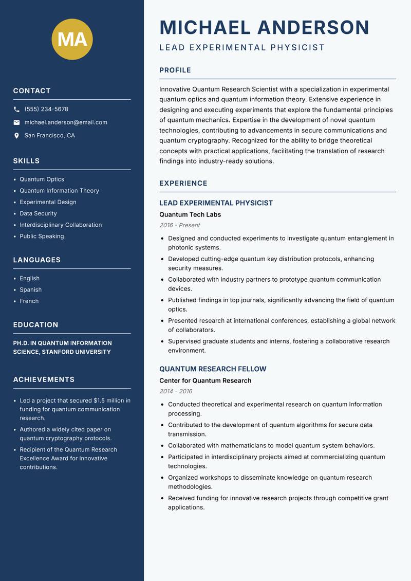 Quantum Research Scientist resume sample — Lead Experimental Physicist focus