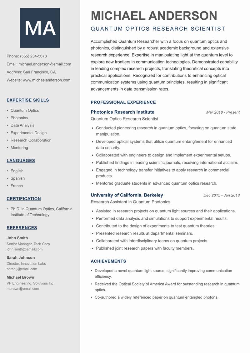 Quantum Researcher resume sample — Quantum Optics Research Scientist focus