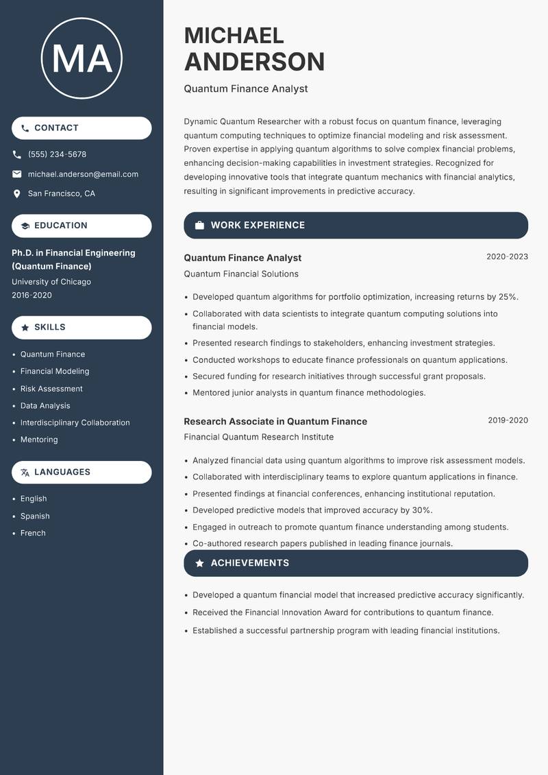 Quantum Researcher resume sample — Quantum Finance Analyst focus