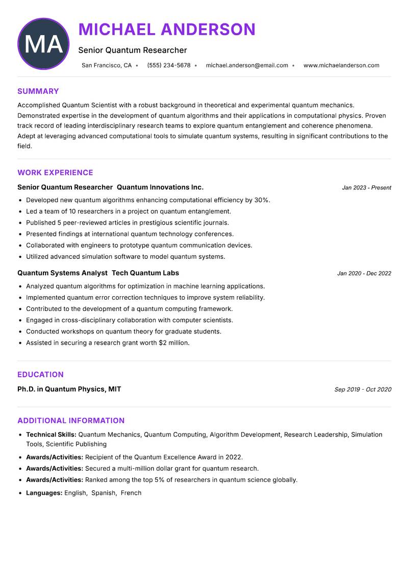 Quantum Scientist resume example