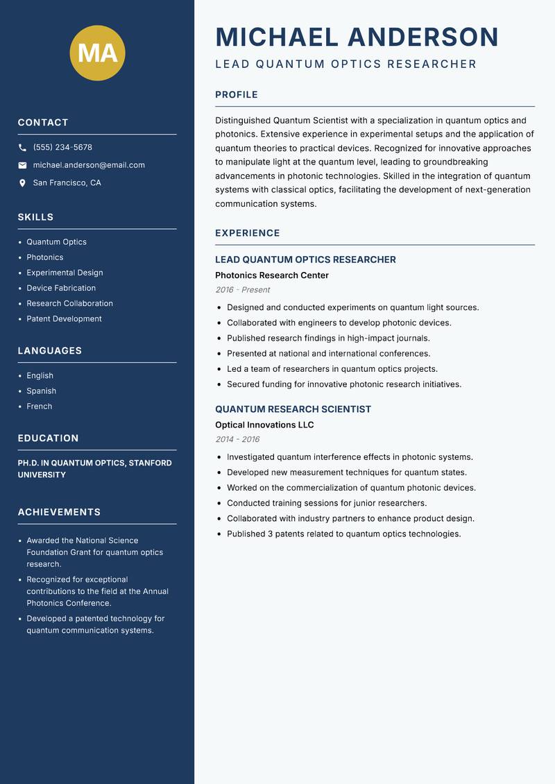 Quantum Scientist resume sample — Lead Quantum Optics Researcher focus