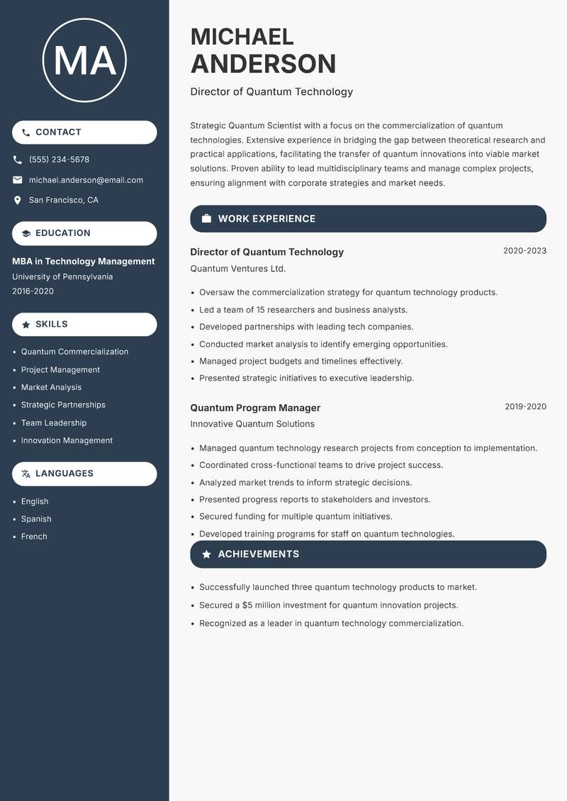 Quantum Scientist resume sample — Director of Quantum Technology focus
