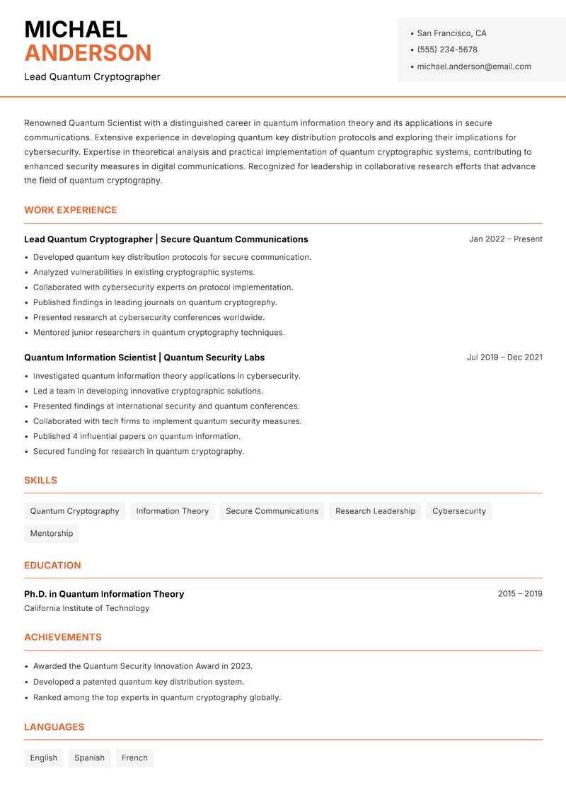 Quantum Scientist resume sample — Lead Quantum Cryptographer focus