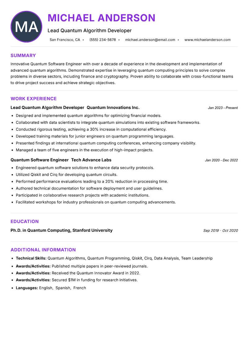 Quantum Software Engineer resume example