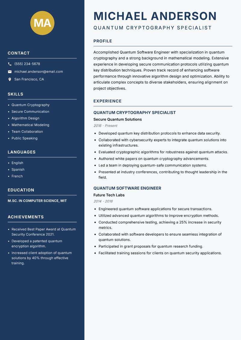 Quantum Software Engineer resume sample — Quantum Cryptography Specialist focus
