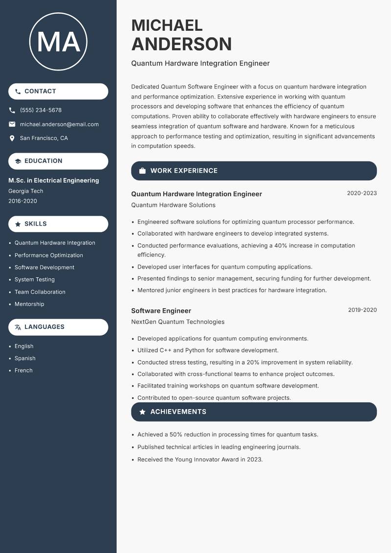 Quantum Software Engineer resume sample — Quantum Hardware Integration Engineer focus