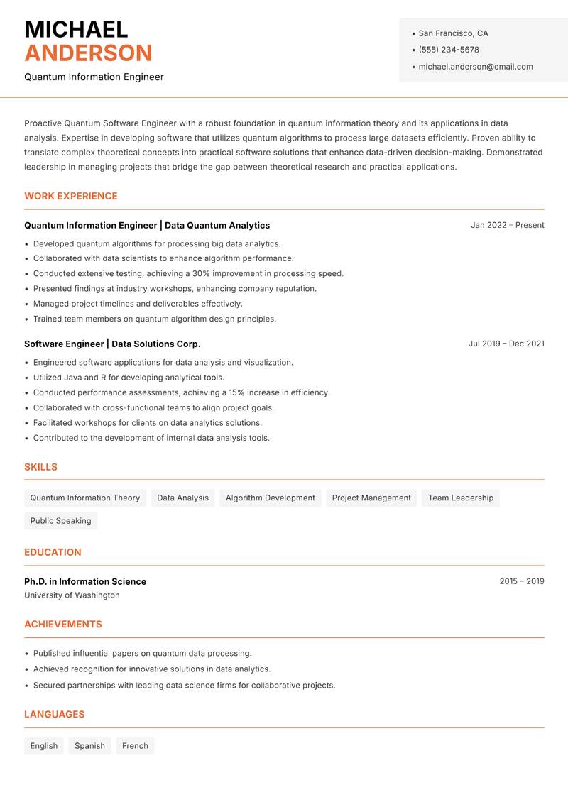 Quantum Software Engineer resume sample — Quantum Information Engineer focus