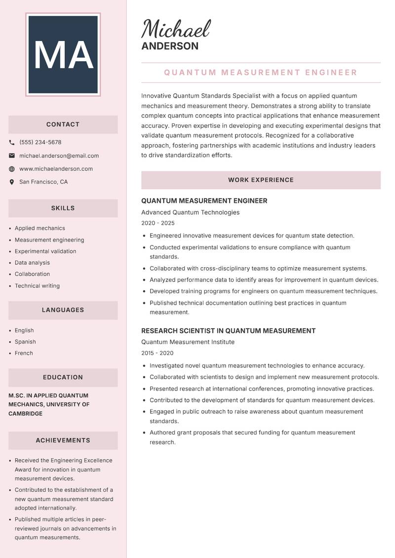 Quantum Standards Specialist resume sample — Quantum Measurement Engineer focus