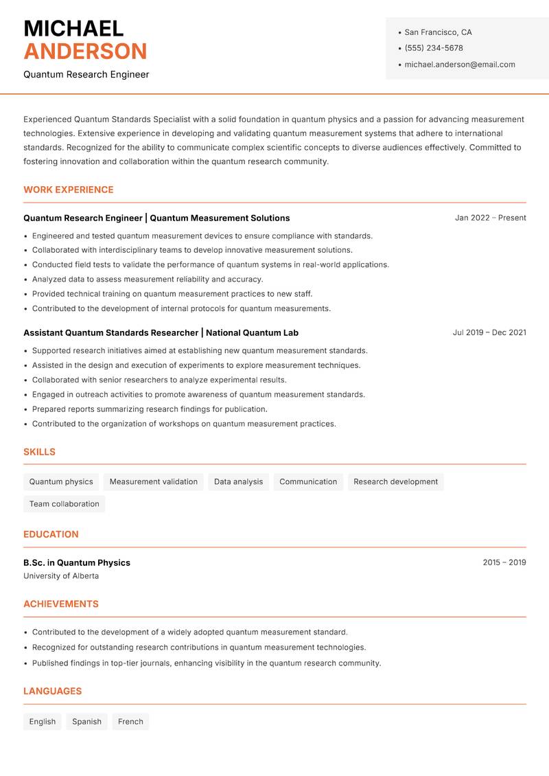 Quantum Standards Specialist resume sample — Quantum Research Engineer focus