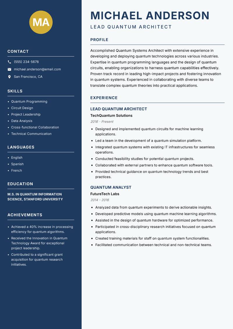 Quantum Systems Architect resume sample — Lead Quantum Architect focus